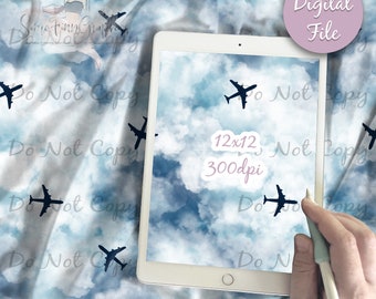 May include: A digital seamless pattern featuring a blue sky with white clouds and airplanes. The pattern is 12 inches by 12 inches and 300 dpi. The text "Do Not Copy" appears throughout the pattern.