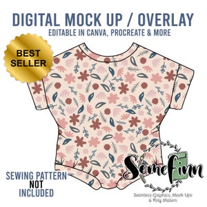 May include: A digital mock-up of a baby onesie with a floral pattern in shades of pink, red, blue, and grey. The onesie is editable in Canva, Procreate, and other design programs. The text "Best Seller" is displayed on a gold star.