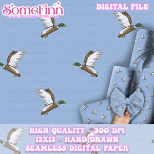 May include: Digital file featuring hand-drawn illustrations of ducks in flight. The design includes a repeating pattern of ducks and a bow. The text reads "HIGH QUALITY - 300 DPI, 12X12 - HAND DRAWN, SEAMLESS DIGITAL PAPER."