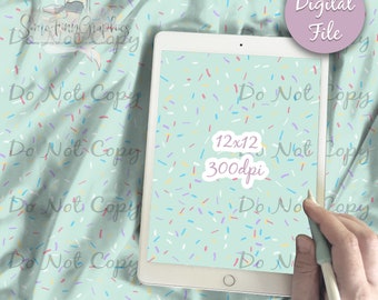 May include: A digital file of a seamless pattern with colorful sprinkles on a light blue background. The pattern is 12x12 inches and 300 dpi. The text "Do Not Copy" appears multiple times on the image.