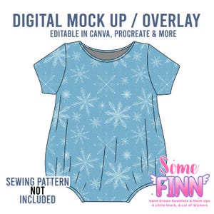 May include: A light blue baby onesie with a white snowflake pattern. The image includes the text "DIGITAL MOCK UP / OVERLAY EDITABLE IN CANVA, PROCREATE & MORE" and "SEWING PATTERN NOT INCLUDED". The logo "Some Finn" is also visible.
