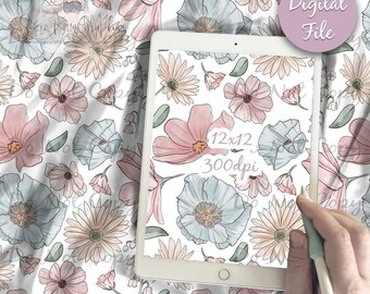 May include: A digital file featuring a seamless floral pattern with hand-drawn pink and light blue flowers on a white background. The tablet screen displays the 12x12 300dpi pattern design, showcasing various blossoms and green leaves.