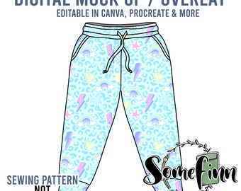 May include: A digital mock-up of blue sweatpants with a rainbow, lightning bolt, and heart pattern. The text "SEWING PATTERN NOT INCLUDED" is at the bottom of the image. The text "DIGITAL MOCK UP / OVERLAY" is at the top of the image. The text "EDITABLE IN CANVA, PROCREATE & MORE" is below the first line of text.