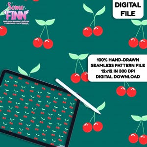 Könnte beinhalten: Eine digitale Datei mit einem nahtlosen Muster aus roten Kirschen mit grünen Blättern auf türkisfarbenem Hintergrund. Das Bild enthält ein Tablet mit dem Kirschmuster und einen Stift. Der Text auf dem Bild lautet "Digital File" und "100% Hand-Drawn Seamless Pattern File 30.5x30.5 cm in 300 DPI Digital Download."
