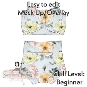 May include: A digital mock-up of a floral print headband and high-waisted bottoms. The headband is a light blue color with a large bow and yellow and pink floral print. The bottoms are a light blue color with a yellow and pink floral print. The text "Easy to edit Mock Up/Overlay" is at the top of the image. The text "Some Finn Graphics" is at the bottom of the image. The text "Skill Level: Beginner" is at the bottom right of the image.
