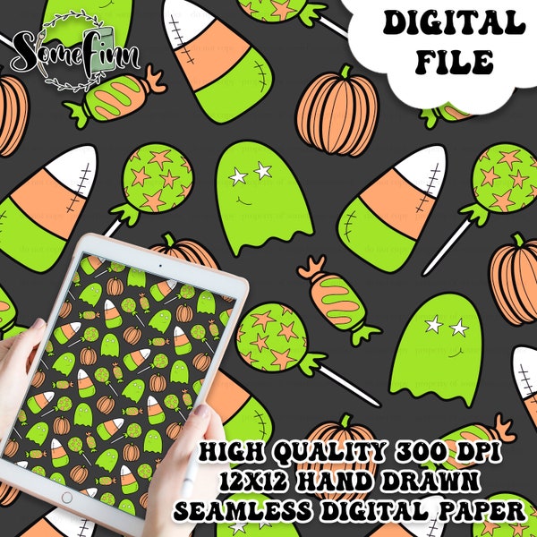 Halloween Ghost Candy Corn Digital Paper, Seamless Halloween Pattern, Ghosts Fabric, October Spooky, Digital Printable Scrapbook paper