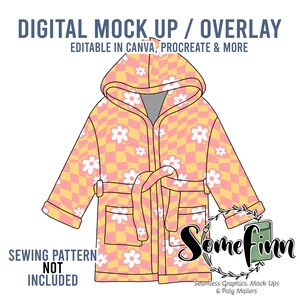 May include: Digital mock-up of a pink and yellow robe with a white daisy pattern. The robe has a hood and a tie belt. The text "SEWING PATTERN NOT INCLUDED" is at the bottom left of the image.