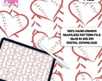 May include: A digital file featuring a seamless pattern of red baseball-stitched hearts on a white background. The image includes a tablet displaying the pattern and a stylus. Text on the image reads "DIGITAL FILE" and "100% HAND-DRAWN SEAMLESS PATTERN FILE 12x12 IN 300 DPI DIGITAL DOWNLOAD."