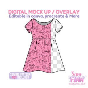 May include: A digital mock-up of a pink dress with a bow pattern. The dress design includes short sleeves and a flared skirt. The text "DIGITAL MOCK UP / OVERLAY" and "Editable in canva, procreate & More" are displayed at the top.