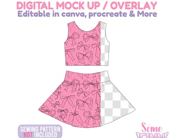 Crop Top and Skirt Mockup PNG, Girls Boutique Two Piece Outfit Mock Up, Kids Skirt Set Mockup