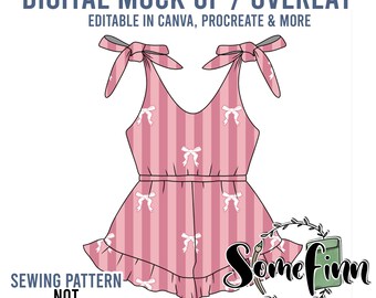 May include: Digital mock-up of a pink and white striped romper with white bows. The romper has a V-neck, thin straps, and a tie at the waist. The text "SEWING PATTERN NOT INCLUDED" is at the bottom of the image.