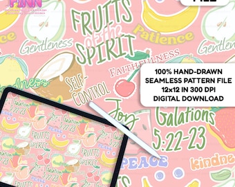 Fruits of the Spirit Seamless Pattern, Christian Fruit Fabric Design, Bible Verse Repeating Pattern, Digital Paper