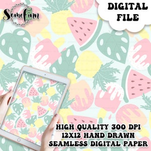 Puede incluir: Un patrón de papel digital sin costuras con un fondo azul claro y  ilustraciones de sandía, piña y hojas de color rosa, amarillo y verde. El texto "DIGITAL FILE" y "HIGH QUALITY 300 DPI 12X12 HAND DRAWN SEAMLESS DIGITAL PAPER" está incluido en la imagen.