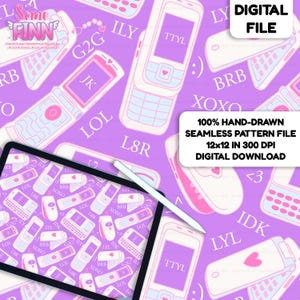 May include: A digital file featuring a seamless pattern of retro cell phones and text abbreviations like "TTYL" and "LOL" on a lavender background. Includes a tablet with a stylus and the text "DIGITAL FILE".