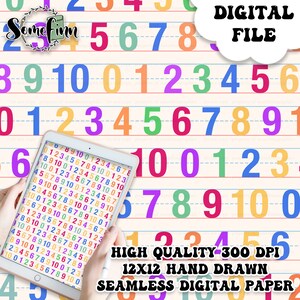 May include: A seamless digital paper pattern featuring colourful numbers from 0 to 9 on a lined background. The numbers are arranged in rows and columns, creating a repeating pattern. The paper is 12 inches by 12 inches and has a resolution of 300 DPI.