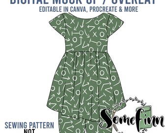 May include: Digital mock-up of a green dress and shorts with a white pattern of arrows, circles, and Xs. The text "DIGITAL MOCK UP / OVERLAY" is at the top of the image. The text "EDITABLE IN CANVA, PROCREATE & MORE" is below the text "DIGITAL MOCK UP / OVERLAY". The text "SEWING PATTERN NOT INCLUDED" is at the bottom left of the image. The text "Somefinn Seamless Graphics, Mock Ups & Poly Mailers" is at the bottom right of the image.