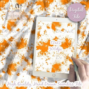 May include: A digital file featuring a seamless pattern of orange paint splatters on a white background. The tablet screen displays the text 12x12 300dpi, while a circular badge in the corner reads Digital File. The design is repeated.