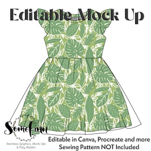 Puede incluir: Maqueta editable de un vestido verde con estampado de hojas. El vestido tiene un escote redondo, mangas cortas con volantes y una falda completa. El texto "Editable in Canva, Procreate and more" y "Sewing Pattern NOT Included" está en la parte inferior de la imagen.