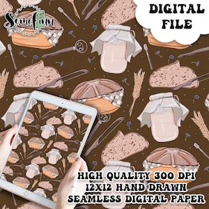 May include: A seamless digital paper pattern featuring a brown background with illustrations of bread, jars of sourdough starter, wheat stalks, and kitchen tools. The text "DIGITAL FILE" is in the upper right corner of the image. The text "HIGH QUALITY 300 DPI 12X12 HAND DRAWN SEAMLESS DIGITAL PAPER" is at the bottom of the image.