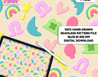May include: A digital file featuring a seamless pattern with colorful cartoon elements. The design includes rainbows, hearts, horseshoes, stars, and clovers in pastel shades. The text reads "DIGITAL FILE" and "100% HAND-DRAWN SEAMLESS PATTERN FILE 12x12 IN 300 DPI DIGITAL DOWNLOAD."