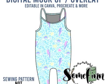 May include: Digital mock-up of a light blue baby onesie with a rainbow, lightning bolt, and heart pattern. The onesie is editable in Canva, Procreate, and more. The text "Sewing Pattern Not Included" is at the bottom of the image.
