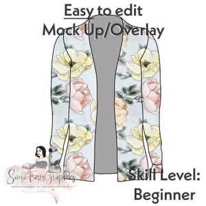 May include: A digital mockup of a light blue cardigan with a floral pattern. The cardigan has a long sleeve and a V-neck. The floral pattern is made up of pink, yellow, and green flowers. The text "Easy to edit Mock Up/Overlay" is at the top of the image. The text "Some Finn Grapics" is at the bottom left of the image. The text "Skill Level: Beginner" is at the bottom right of the image.