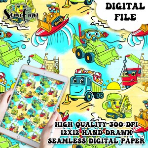May include: A seamless digital paper pattern featuring cartoon construction vehicles on a yellow background with blue waves. The vehicles are wearing goggles and have smiling faces. The text "DIGITAL FILE" and "HIGH QUALITY - 300 DPI 12X12 HAND DRAWN SEAMLESS DIGITAL PAPER" is included in the image.
