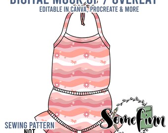 May include: A digital mock-up of a pink and white striped baby onesie with a ruffle bottom. The onesie has a halter neck strap and a floral pattern. The text "DIGITAL MOCK UP / OVERLAY" is at the top of the image. The text "EDITABLE IN CANVA, PROCREATE & MORE" is below the first line of text. The text "SEWING PATTERN NOT INCLUDED" is at the bottom left of the image. The text "Some finn Seamless Graphics, Mock Ups & Poly Mailers" is at the bottom right of the image.