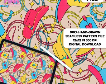 May include: A digital file featuring a hand-drawn seamless pattern with a cowboy theme. The design includes red and yellow cowboy boots, hats, and ropes on a tan background. The text "DIGITAL FILE" and "100% HAND-DRAWN SEAMLESS PATTERN FILE 12x12 IN 300 DPI DIGITAL DOWNLOAD" are also visible.