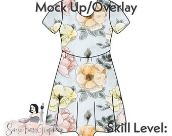 May include: A digital mock-up of a light blue dress with a floral pattern. The dress has a round neckline, short sleeves, and a flared skirt. The flowers are yellow, pink, and white with green leaves. The text "Easy to edit Mock Up/Overlay" is at the top of the image. The text "Skill Level: Beginner" is at the bottom of the image.