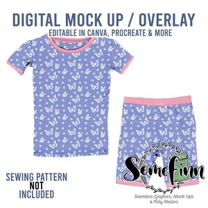 May include: Digital mock-up of a blue and white pajama set with a butterfly pattern. The set includes a short-sleeved shirt and shorts. The text "SEWING PATTERN NOT INCLUDED" is at the bottom of the image.