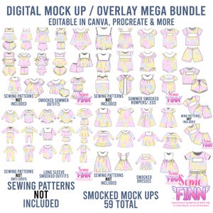 Op de afbeelding: Digitale mock-up mega bundel met 59 smock mock-ups van kinderkleding, waaronder jurken, rompers en outfits. De ontwerpen zijn in pastelkleuren met bloempatronen. De tekst op de afbeelding luidt "Editable in Canva, Procreate & More" en "Sewing patterns not included."
