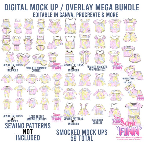 Smocked Mega Mock-Up Bundle / Variety Dress Romper outfits Mockup / Digital Mock up for clothing - baby toddler kids / PNG / 59 Mocks