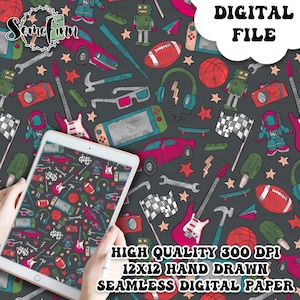 Pode incluir: Um padrão de papel digital sem costura que apresenta uma variedade de ilustrações desenhadas à mão sobre um fundo cinza escuro. As ilustrações incluem um carro vermelho, uma guitarra, um robô, uma câmera, um skate, uma bola de beisebol, uma bola de basquete, uma bola de futebol, um par de fones de ouvido, um par de óculos 3D, um controle de videogame, uma chave inglesa, um martelo, um picolé, uma estrela, uma bandeira quadriculada e um astronauta.