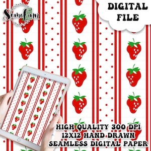Puede incluir: Un diseño de papel digital con un patrón sin costuras de fresas rojas con hojas verdes sobre un fondo blanco con rayas rojas y blancas y lunares. El texto "HIGH QUALITY 300 DPI 12X12 HAND-DRAWN SEAMLESS DIGITAL PAPER" está en la parte inferior de la imagen.