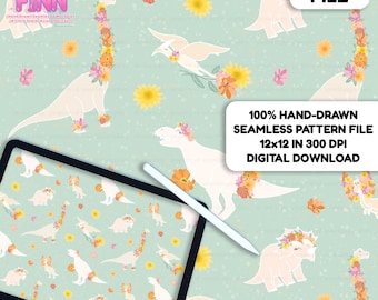 May include: A digital file featuring a seamless pattern with white dinosaurs adorned with floral accents on a light green background. The pattern includes text that reads "100% Hand-Drawn Seamless Pattern File 12x12 in 300 DPI Digital Download."