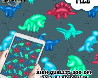 May include: Seamless digital paper pattern featuring a repeating design of colorful dinosaur balloon illustrations on a dark blue background. The text "DIGITAL FILE" and "HIGH QUALITY 300 DPI 12X12 HAND DRAWN SEAMLESS DIGITAL PAPER" is included in the image.