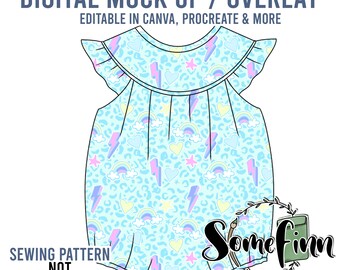 May include: A digital mock-up of a baby onesie with a blue background and a pattern of rainbows, lightning bolts, hearts, and stars. The text "DIGITAL MOCK UP / OVERLAY" is at the top of the image. The text "EDITABLE IN CANVA, PROCREATE & MORE" is below the text "DIGITAL MOCK UP / OVERLAY". The text "SEWING PATTERN NOT INCLUDED" is at the bottom left of the image. The text "Some finn" is at the bottom right of the image. The text "Seamless Graphics, Mock Ups & Poly Mailers" is below the text "Some finn".
