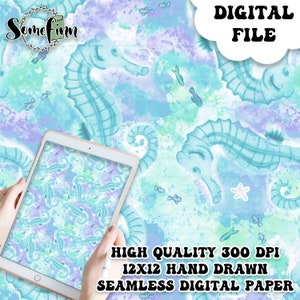 Seahorse Seamless Pattern, Ocean Sea Fish animal, Summer Swim Beach digital printable scrapbook paper instant download