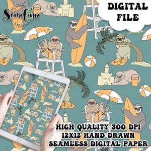 Op de afbeelding: Een naadloos digitaal papierpatroon met cartoonluiaards op een groenblauwe achtergrond. De luiaards zijn afgebeeld terwijl ze surfen, op strandwachtstoelen met parasols zitten en spelen met zandkastelen, strandballen en emmers.