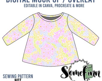 May include: A long-sleeved shirt with a floral pattern in pink, yellow, and blue. The text "DIGITAL MOCK UP / OVERLAY" and "EDITABLE IN CANVA, PROCREATE & MORE" are at the top. The text "SEWING PATTERN NOT INCLUDED" is at the bottom.