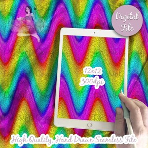 May include: A tablet displaying a vibrant, textured rainbow chevron pattern with vertical wavy lines in shades of magenta, yellow, teal, and blue. The screen features the text 12x12 and 300dpi, while a circular badge in the corner reads Digital File.