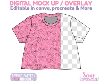 May include: A pink t-shirt mock-up with a bow pattern, featuring the text "DIGITAL MOCK UP / OVERLAY" and "Editable in canva, procreate & More." The design includes the text "SEWING PATTERN NOT INCLUDED" and the brand name "Some FINN."