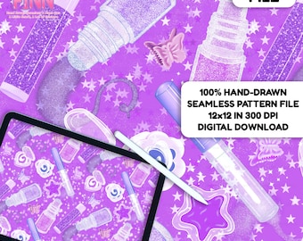 May include: A digital file featuring a seamless pattern with a purple color scheme. The design includes glitter bottles, stars, and other decorative elements. The text on the image reads "DIGITAL FILE" and "100% HAND-DRAWN SEAMLESS PATTERN FILE 12x12 IN 300 DPI DIGITAL DOWNLOAD."