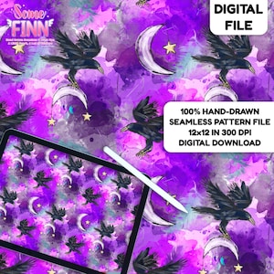 May include: A digital file featuring a seamless pattern with a watercolor effect. The design includes black crows perched on crescent moons, gold stars, and a purple and pink background. The text reads "DIGITAL FILE" and "100% HAND-DRAWN SEAMLESS PATTERN FILE 12x12 IN 300 DPI DIGITAL DOWNLOAD."
