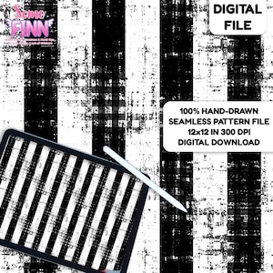 May include: A digital file featuring a black and white distressed stripe design. The image includes a tablet displaying the pattern and a stylus. Text on the image reads "DIGITAL FILE" and "100% HAND-DRAWN SEAMLESS PATTERN FILE 12x12 IN 300 DPI DIGITAL DOWNLOAD."