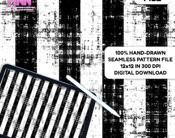 May include: Black and white digital file with a distressed vertical stripe pattern. The image shows a tablet with a matching pattern and a stylus. Text on the image reads "DIGITAL FILE" and "100% HAND-DRAWN SEAMLESS PATTERN FILE 12x12 IN 300 DPI DIGITAL DOWNLOAD."