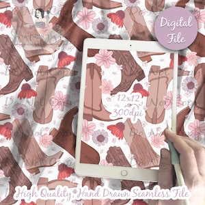 May include: A seamless digital pattern featuring brown cowboy boots with fringe and pink and red flowers on a white background. The pattern is 12x12 inches and 300 dpi.
