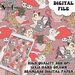 Carta digitale con gatti in tazza da tè, motivo a gatto senza soluzione di continuità per tessuto e carta per scrapbooking, gattini in tazze da tè, tenero animale domestico coccoloso, scarica il gatto per la festa del tè
