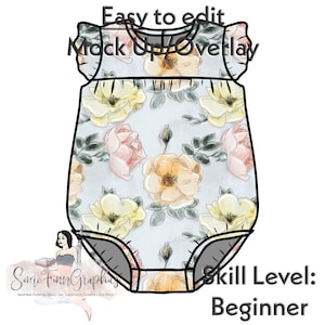 May include: A digital mockup of a baby onesie with a floral pattern. The onesie is light blue with yellow and pink flowers. The onesie has a ruffled neckline and short sleeves. The text "Easy to edit Mock Up Overlay" is at the top of the image. The text "Skill Level: Beginner" is at the bottom of the image.